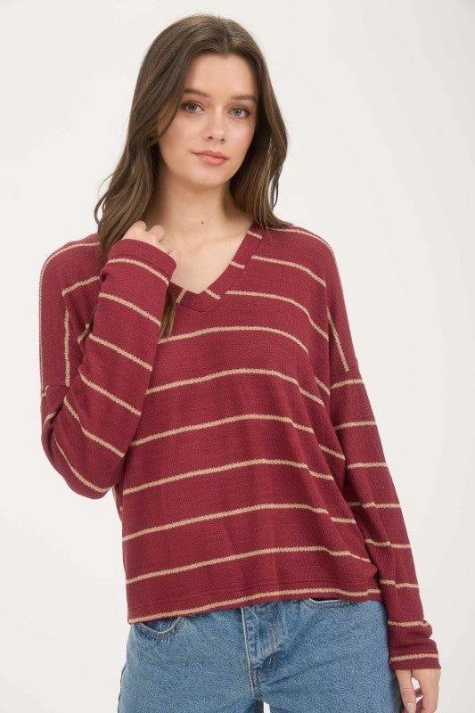 City Fashion Street Trendy Whitney Stripe V Neck Drop Shoulder Long Sleeve Knit Top