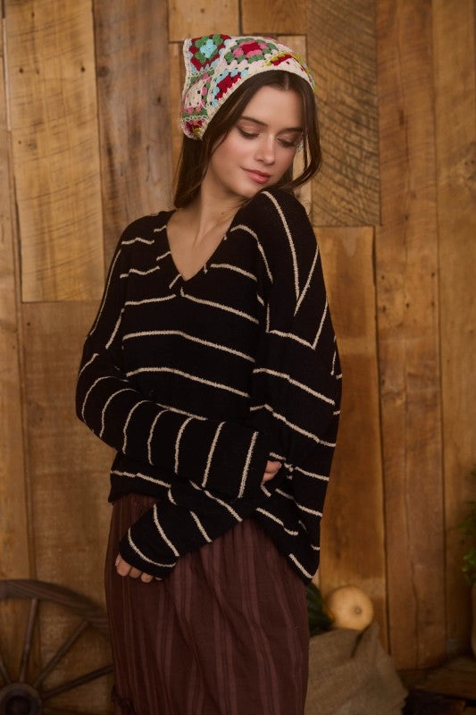 Cross Grain Knit Seasonal top Whitney Stripe V Neck Drop Shoulder Long Sleeve Knit Top