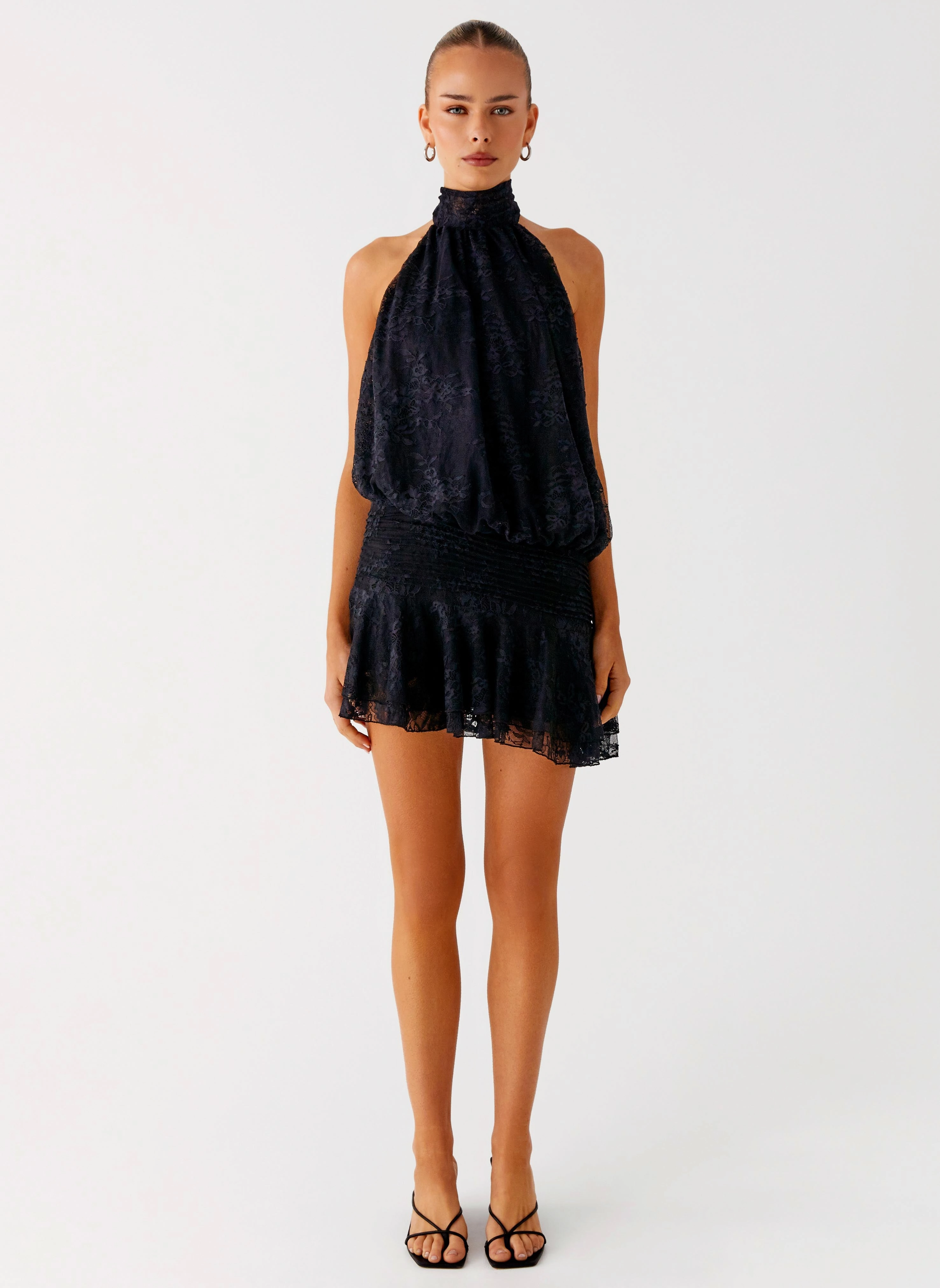 Willow Lace Mini Dress - Black Lace Drawstring-Closure