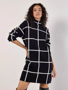 Windowpane Sweater Dress in Black Light Wear Relaxed Style Wear