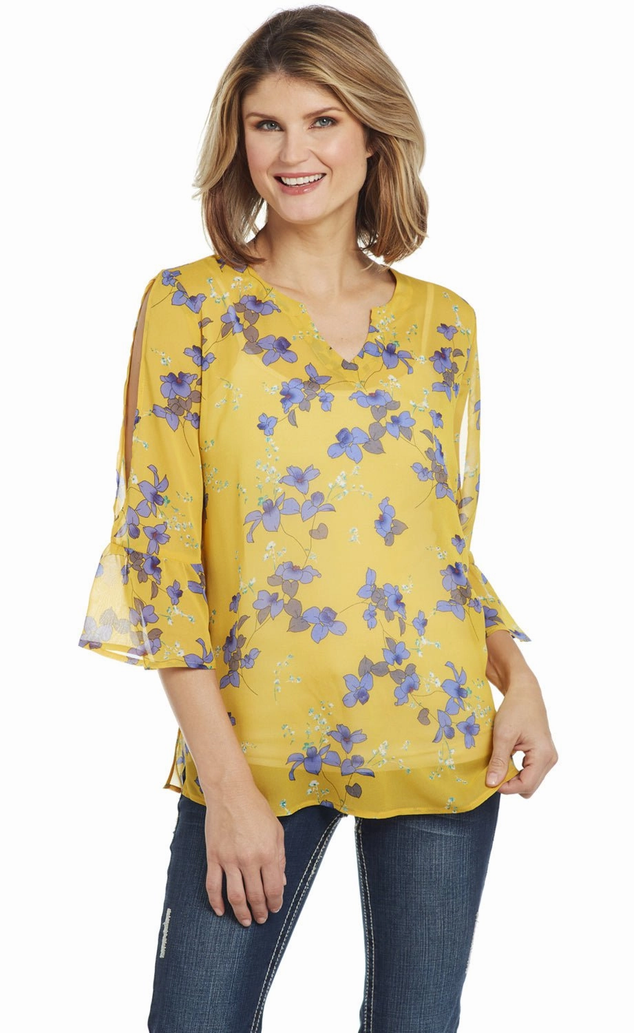 Anti-static All-day Comfort Cowgirl Up Womens Yellow Floral Polyester Bell Sleeve Tunic S/S