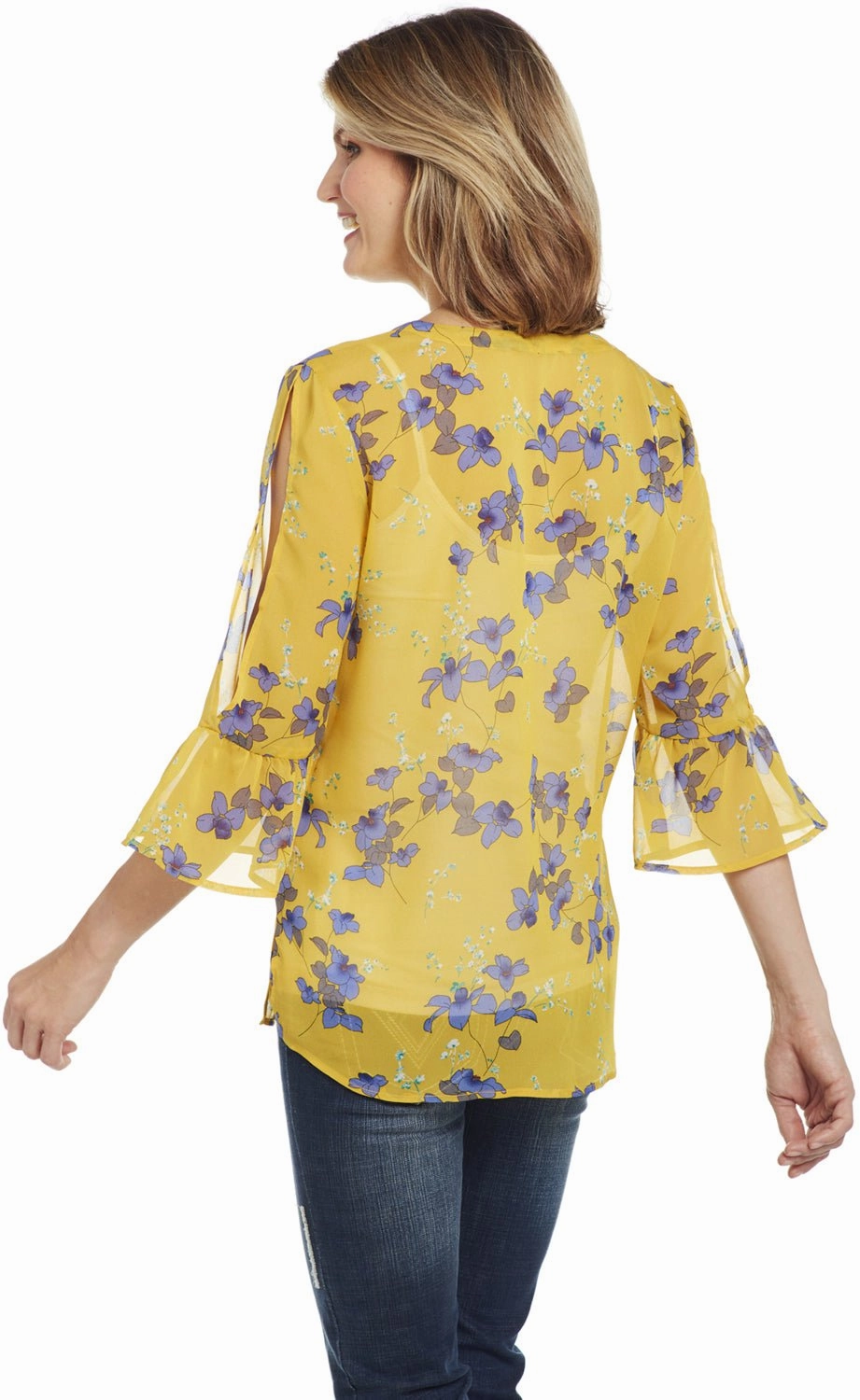 Edgy style Loose style Cowgirl Up Womens Yellow Floral Polyester Bell Sleeve Tunic S/S