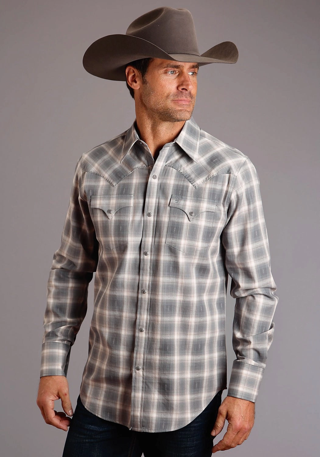 Fashion Forward Fitted Design Stetson Mens Brown 100% Cotton Dobby Twill L/S 2 Pkt Shirt