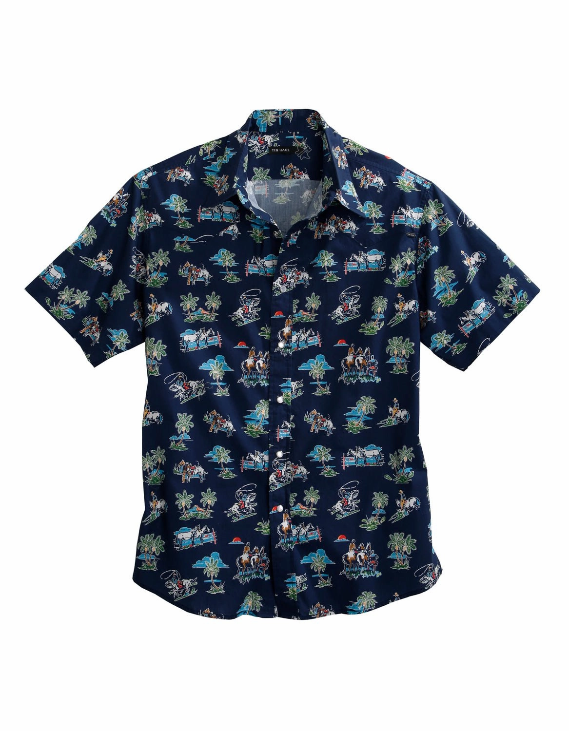 Tin Haul Mens Blue 100% Cotton Cowboy Tropics S/S Hawaiian Shirt Moisture wicking Sustainable Manufacturing Process