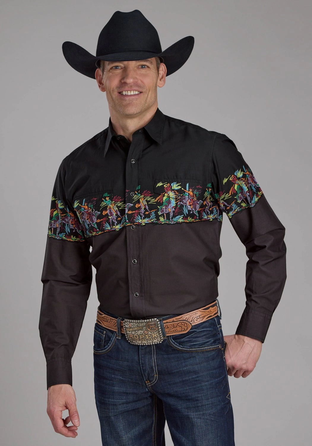 Pure Cotton Camping Essential Roper Mens Scribble Bullriders Black 100% Cotton L/S Shirt