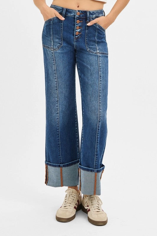 Holiday Vibes Date Night Lightweight Winnie High Rise Crop Wide Straight Cuffed Jeans