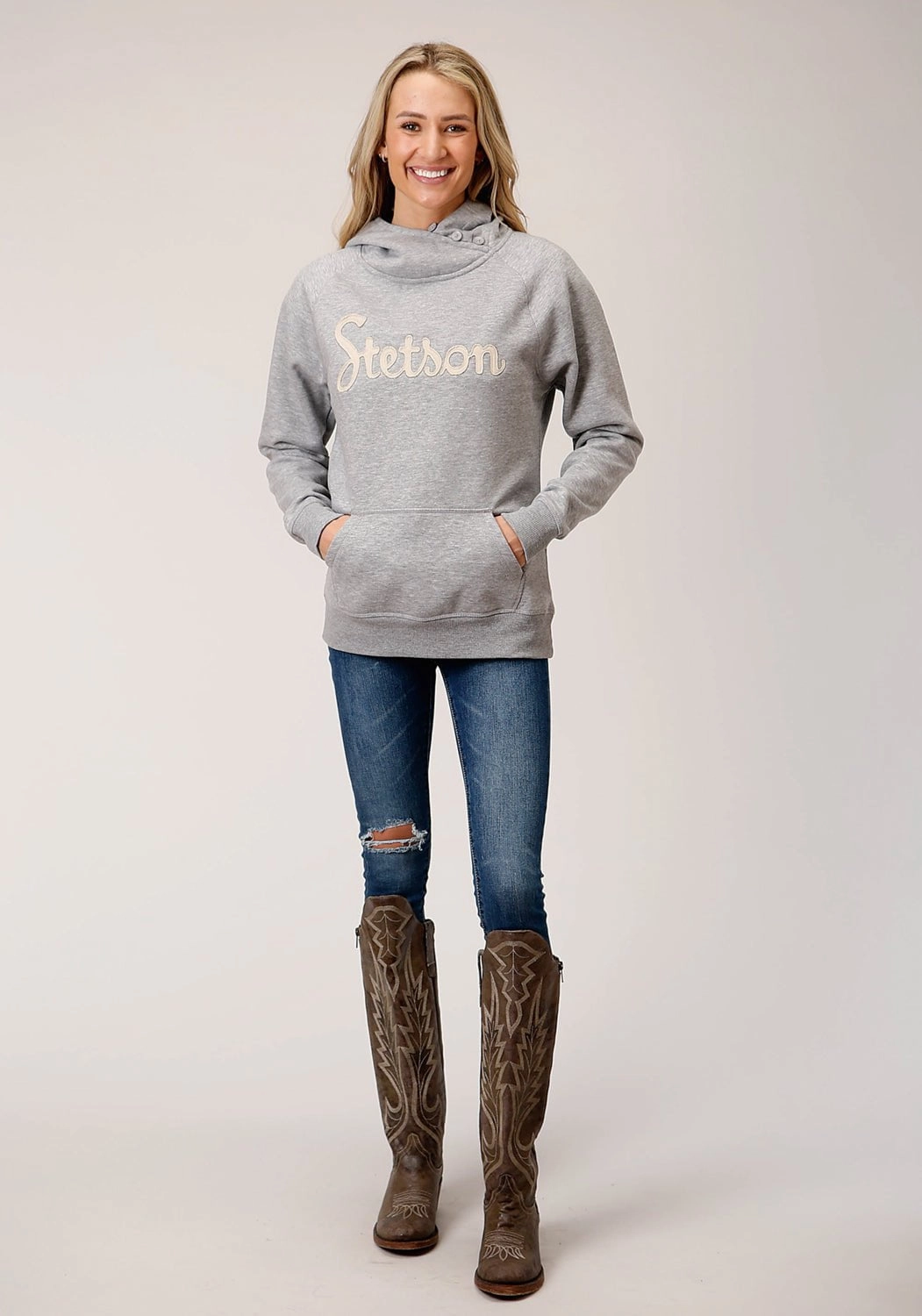 Cold-Weather Fashion Chilly Knit Stetson Womens Grey Cotton Blend 3 Button Applique Hoodie