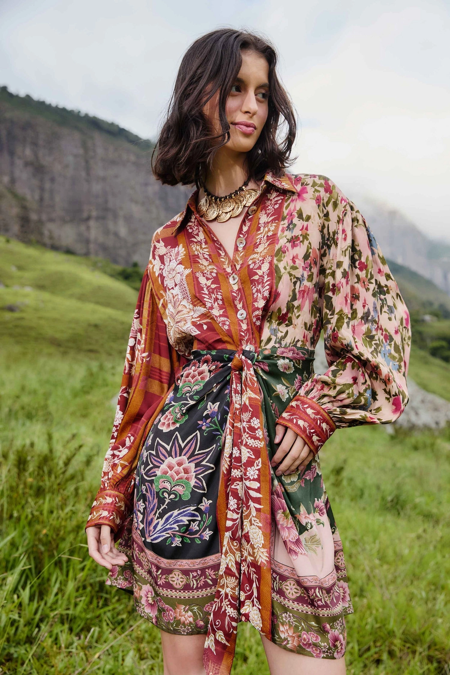 Semi Sheer Winter Garden Mix Mini Dress in Multi