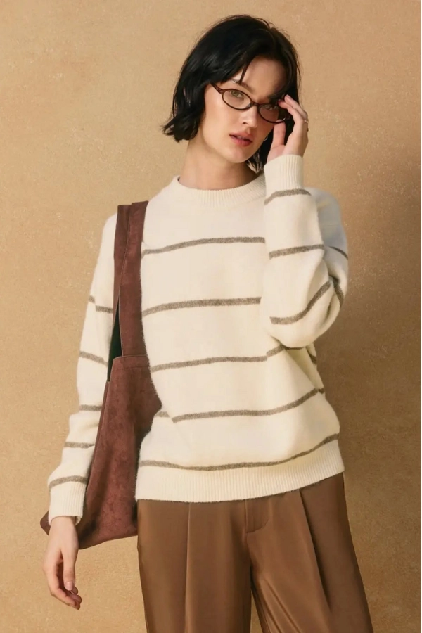 Knitted Layer Waffle Knit Eva Crewneck Striped Sweater - Cream & Tan