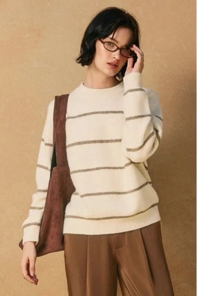 Eva Crewneck Striped Sweater - Cream & Tan Comfy Touch Non Restrictive Armhole