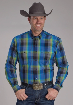 Summer Vibes Roper Mens 2247 Cobalt Plaid Blue 100% Cotton Btn L/S Shirt