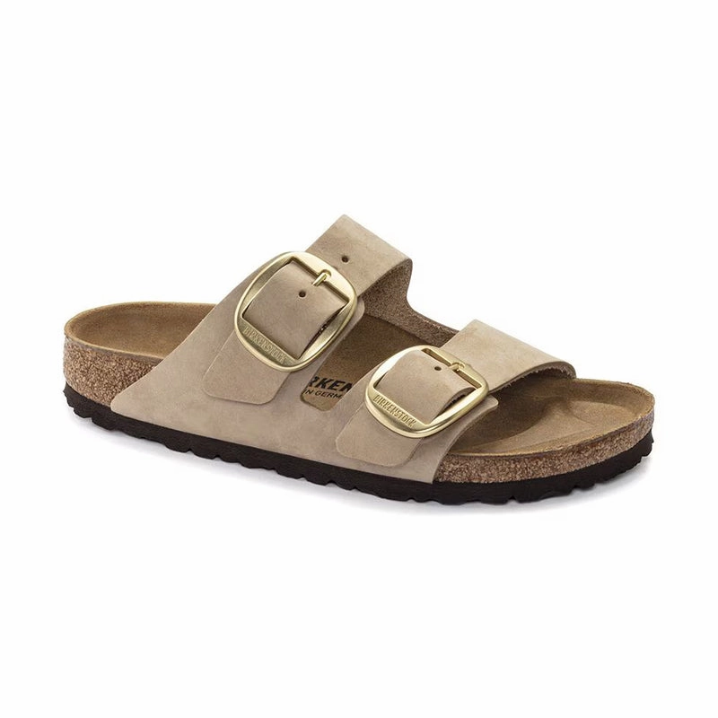 Fashion Fit Slides Stylish Slides Women's Arizona Big Buckle Narrow Sandcastle Nubuck