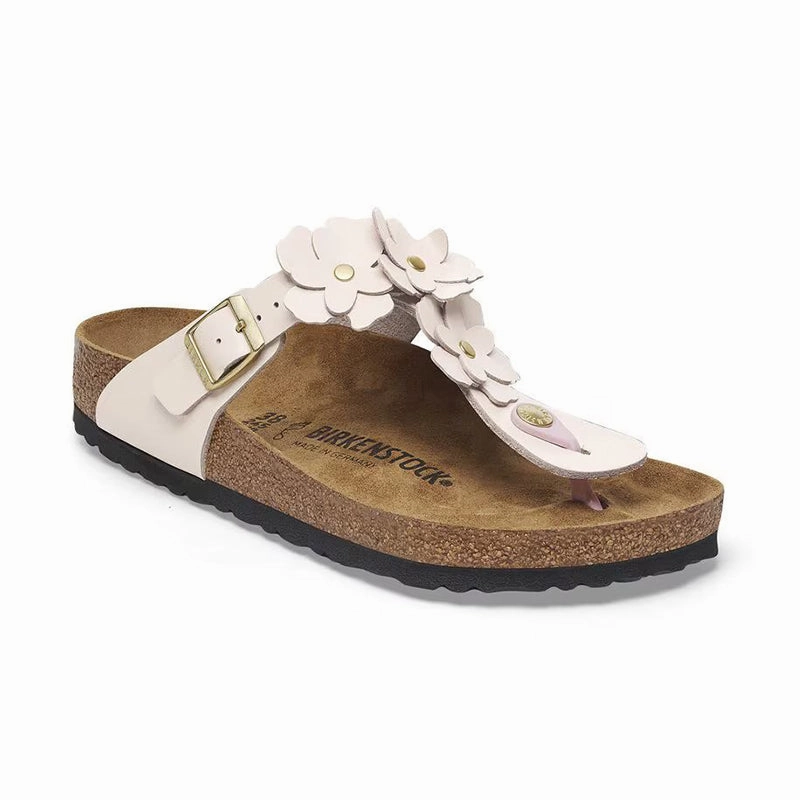 Casual Style Shoes Open Toe Women's Gizeh Flowers Light Rose Leather