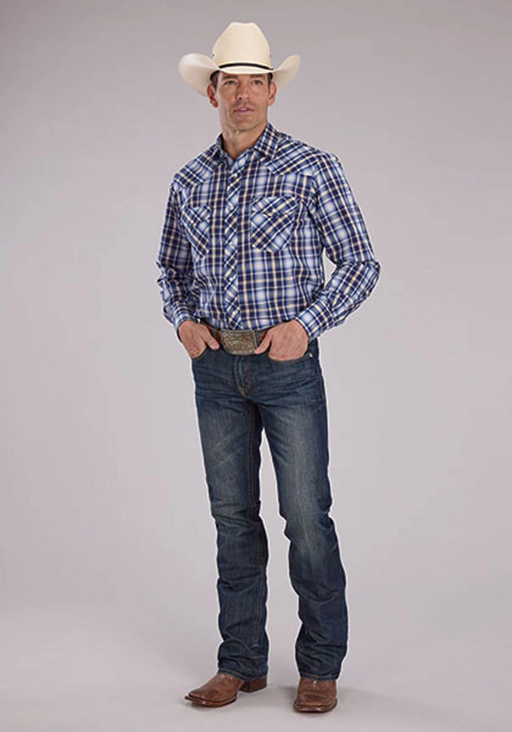 Roper Mens 2484 Western Plaid Navy/Light Blue Cotton Blend L/S Shirt Professional Look Durable Stitching