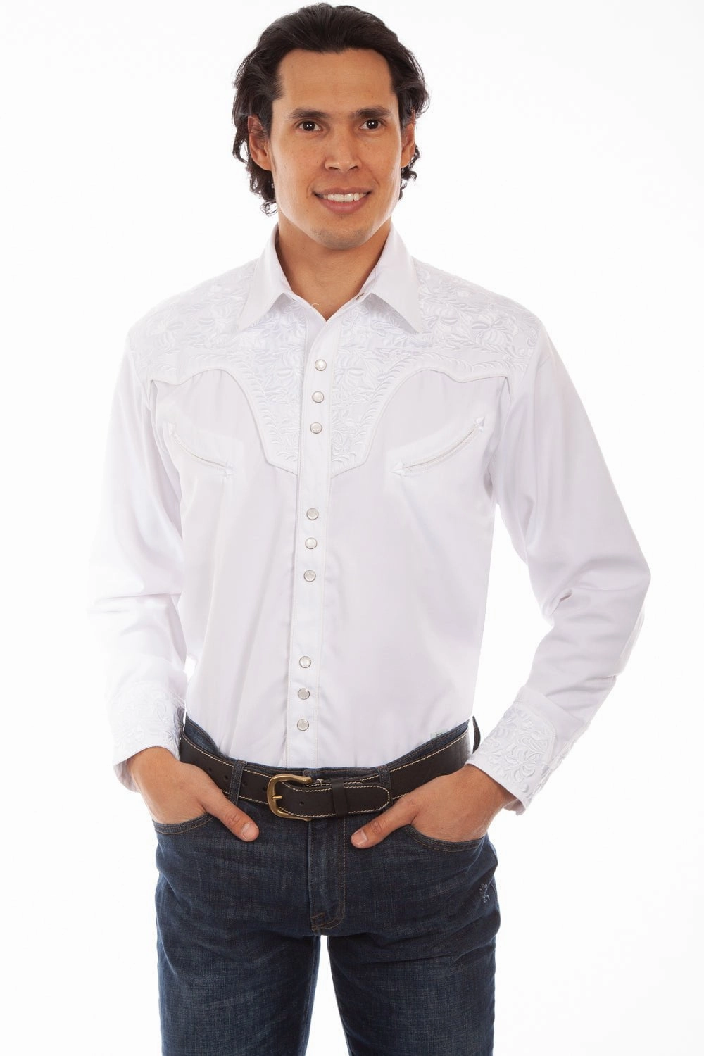 Scully Mens Shirt Western White Poly Blend Floral Tooled Stitch L/S Soft Touch Fabric Unisex Choice