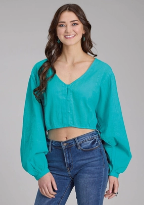 Roper Womens Cropped Seersucker Turquoise 100% Cotton L/S Blouse Dinner Date Plus size option
