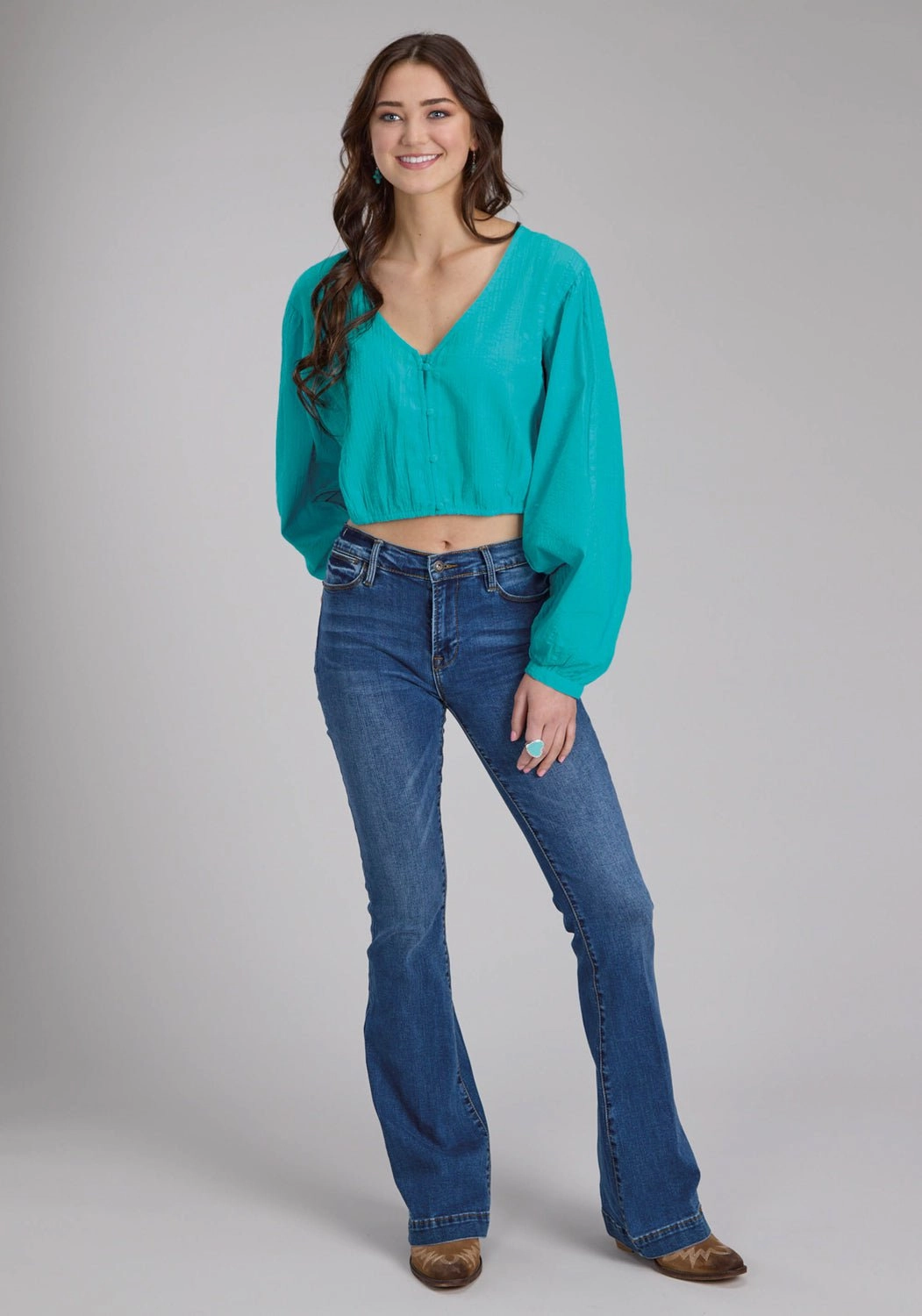 Roper Womens Cropped Seersucker Turquoise 100% Cotton L/S Blouse Structured Shoulder Support Holiday Special