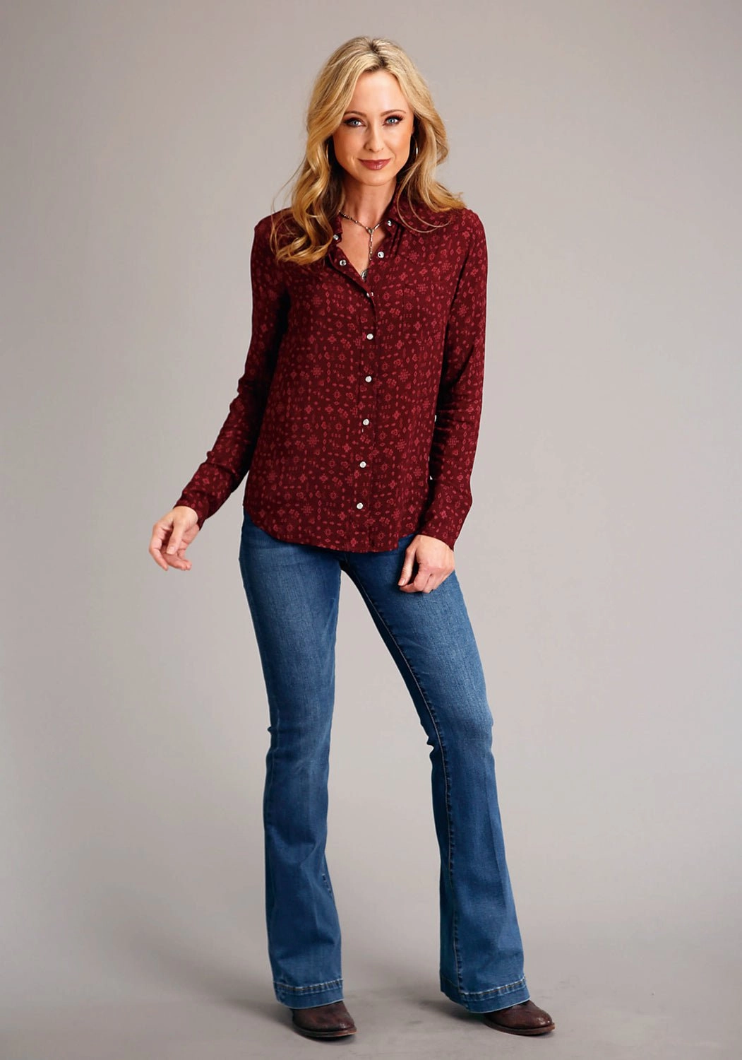 Oversized style Stetson Womens Ditzy Western Wine 100% Rayon L/S Shirt