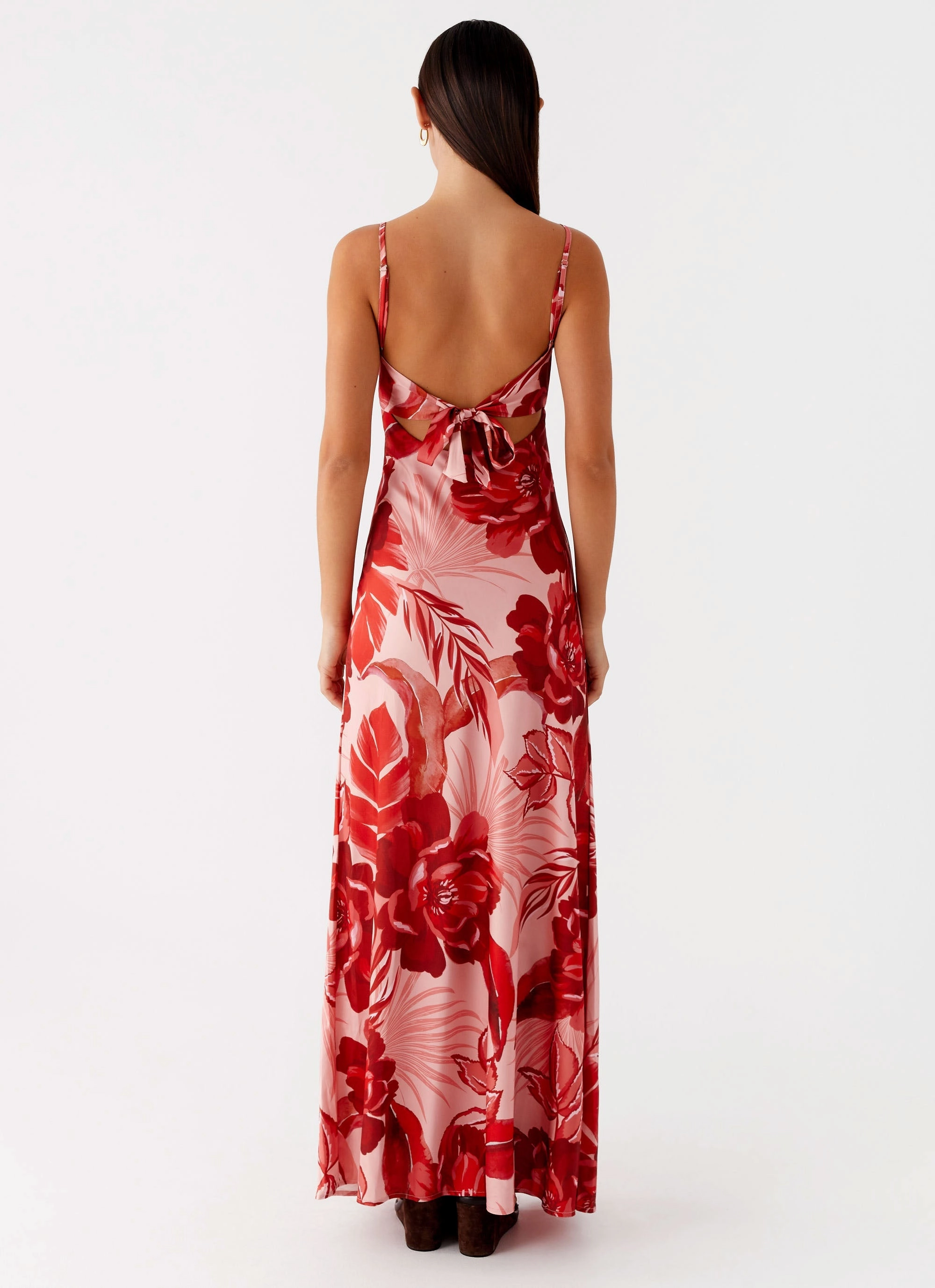 Patterned-Fabric Body Safe Flora Satin Maxi Dress - Sicily Sunsets Print