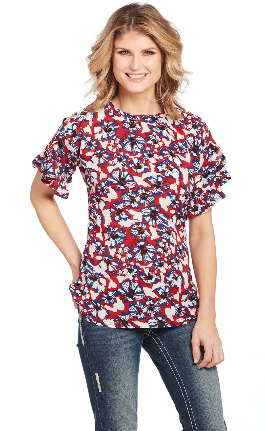 Urban Fashion Anti Pill Technology Cowgirl Up Womens Multi-Color Polyester Floral Blouse S/S