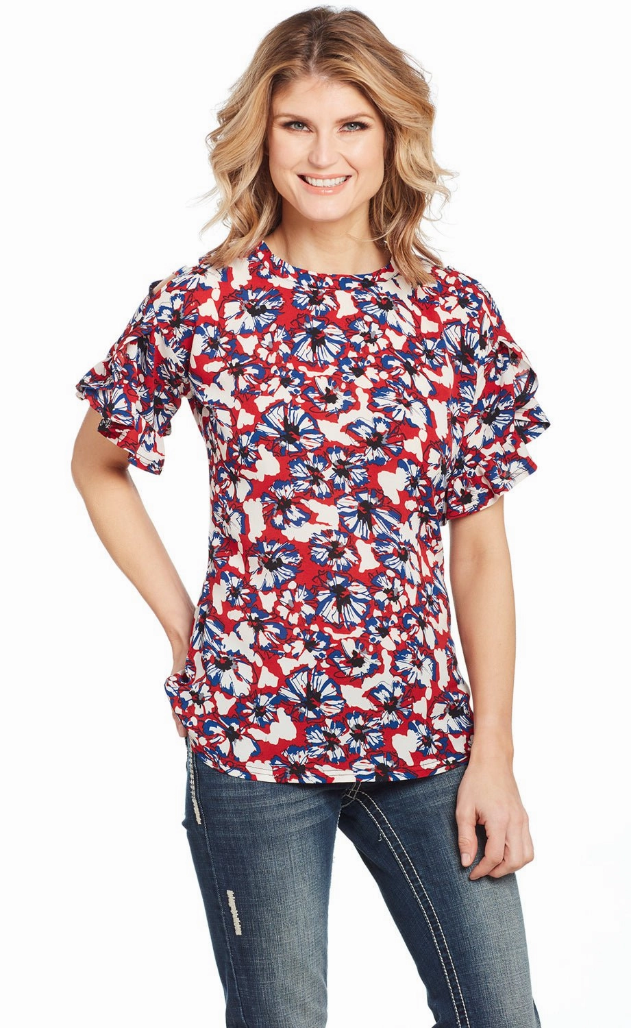 Cowgirl Up Womens Multi-Color Polyester Floral Blouse S/S Workwear Style Trendy Vibes