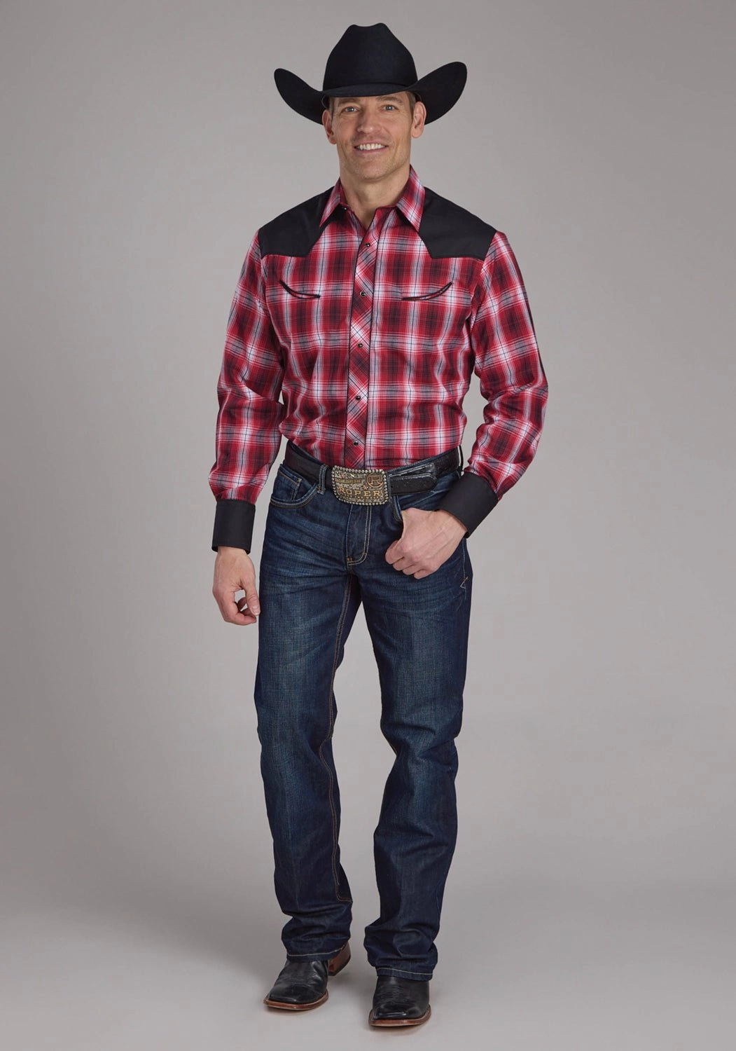 V-Neck Durable Stitching Roper Mens 2131 Plaid Retro Red/White Cotton Blend L/S Shirt