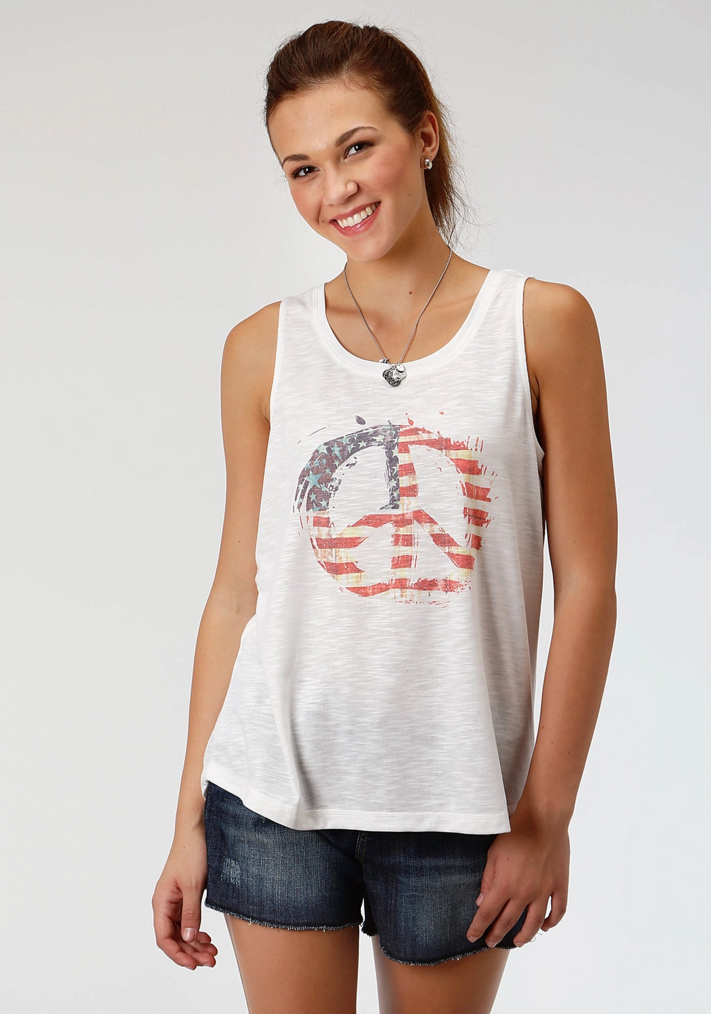 Roper Womens White Cotton Blend Flag Peace Tank Top Relaxed Comfort Spring Collection
