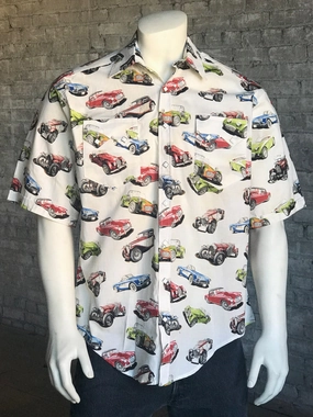 Geometric Design Rockmount Mens Multi-Color 100% Cotton Vintage Cars Western S/S Shirt