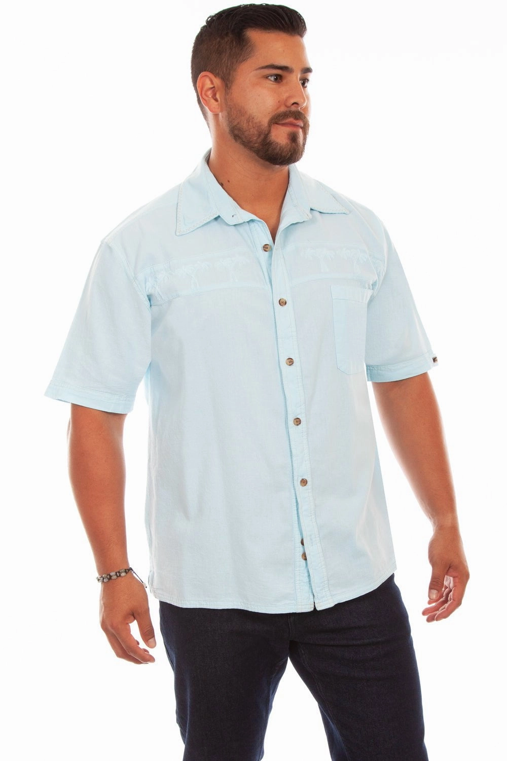 Ergonomic Sleeve Cut Scully Mens Aqua Sky 100% Cotton Palm S/S Shirt
