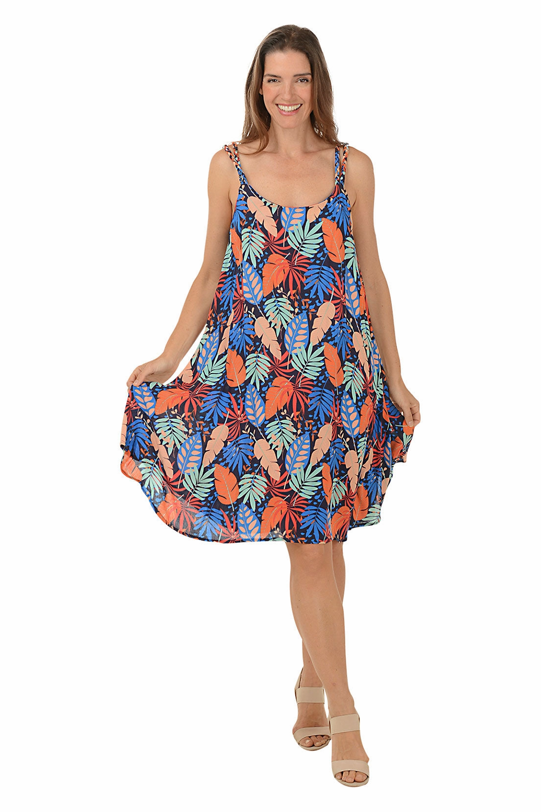 Lunch Date Simple Form Tropical Leaf Braided Double Strap Dress