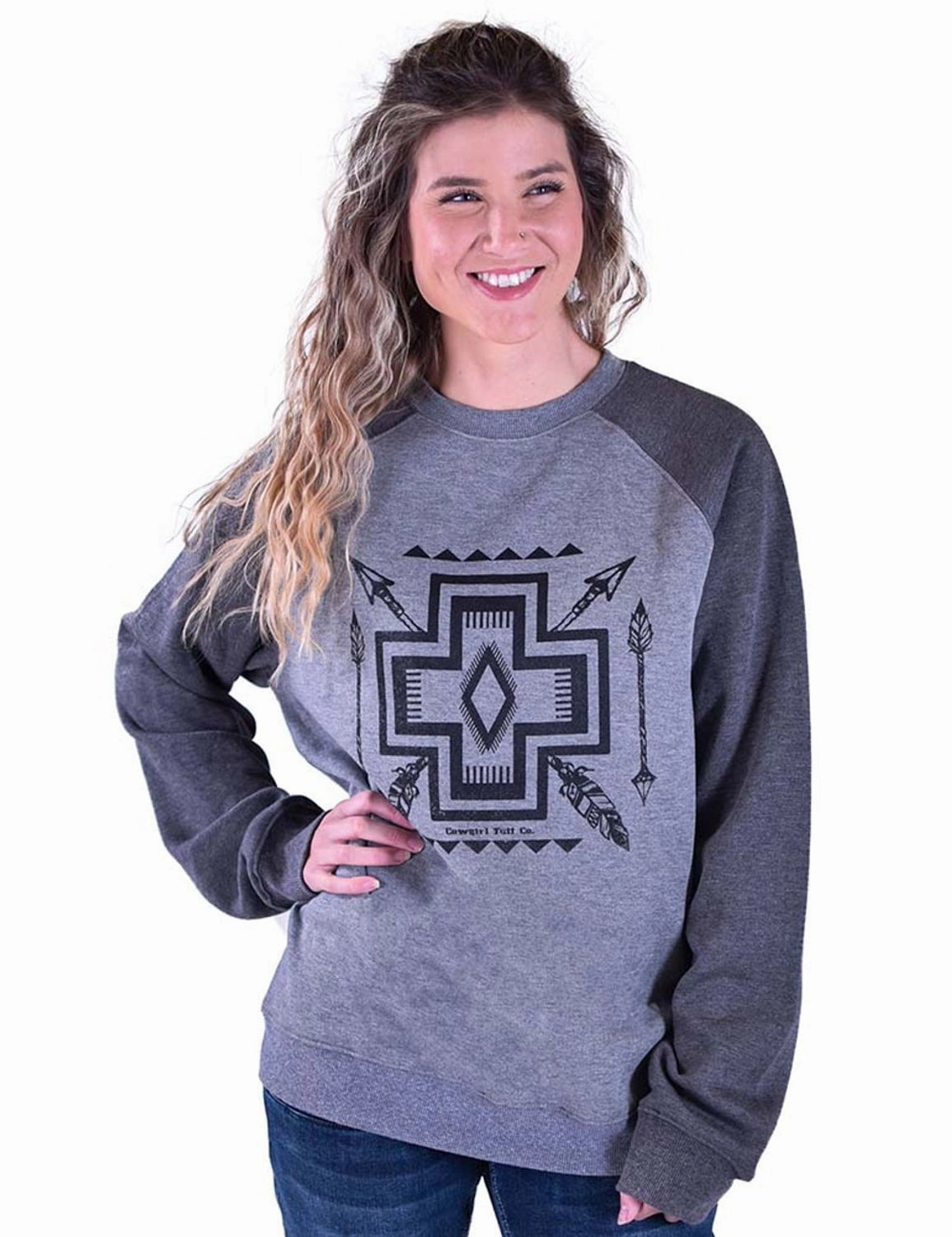 Lightweight Knit Winter Comfort Wear Cowgirl Tuff Womens Aztec Print Ash Poly/Rayon Sweatshirt