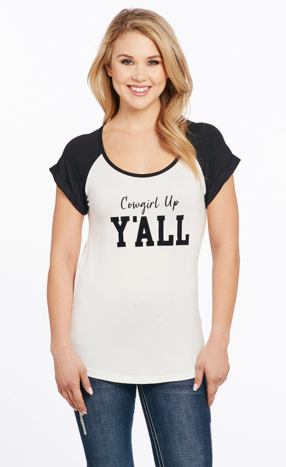 Beach Attire Cowgirl Up Womens Yall Flocked White Rayon S/S T-Shirt