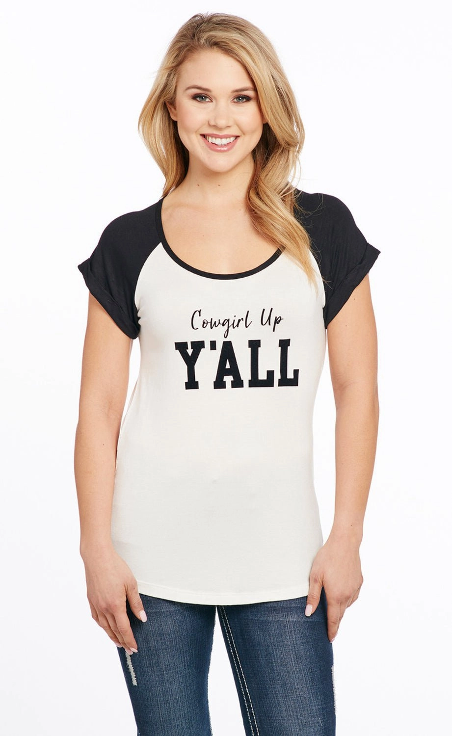 Cowgirl Up Womens Yall Flocked White Rayon S/S T-Shirt Chic Look All Purpose Weave Design