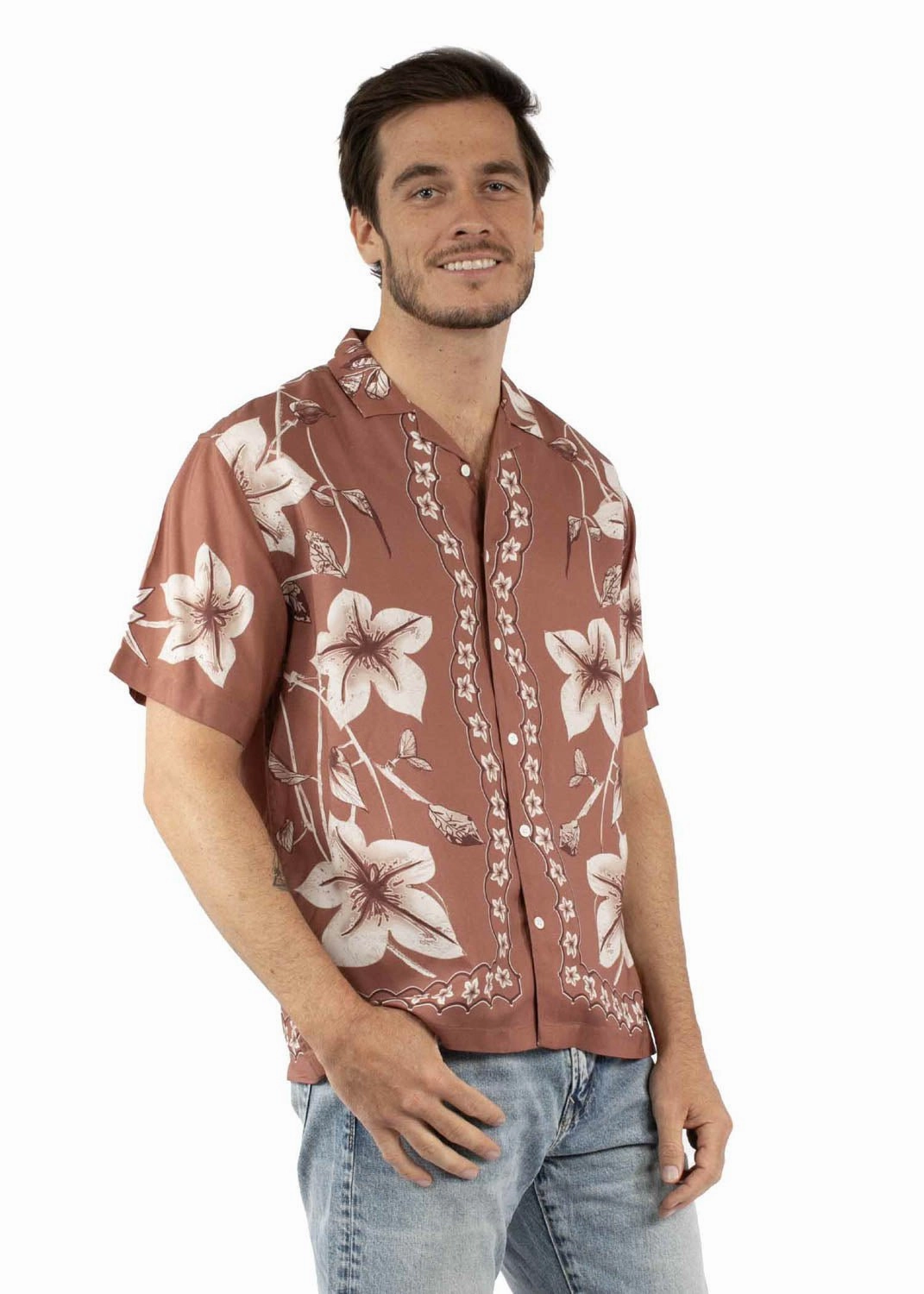 Stylish Appearance Brunch Outfit Scully Mens Hawaiian Orchid Print Brown 100% Viscose S/S Shirt
