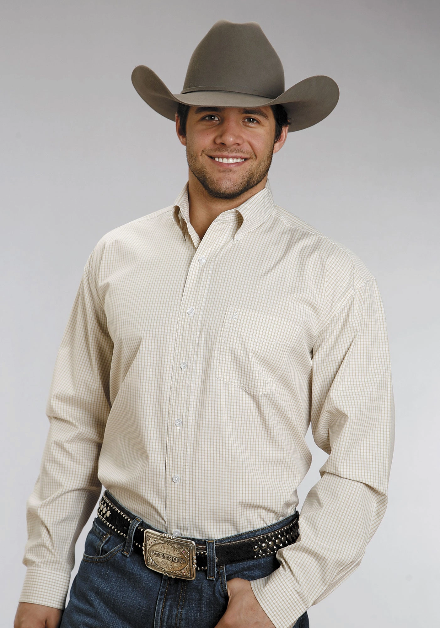 Stetson Mens Gold Tw Yellow o Stripe Check 100% Cotton L/S Western Shirt Soft Stretch Collar