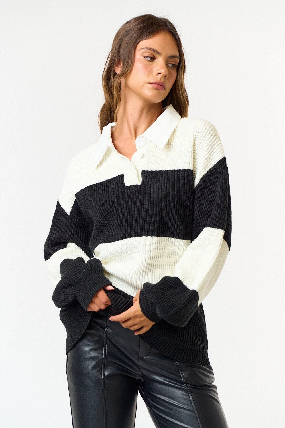 Striped Polo Sweater Subtle Texture Detail Soft Comfort