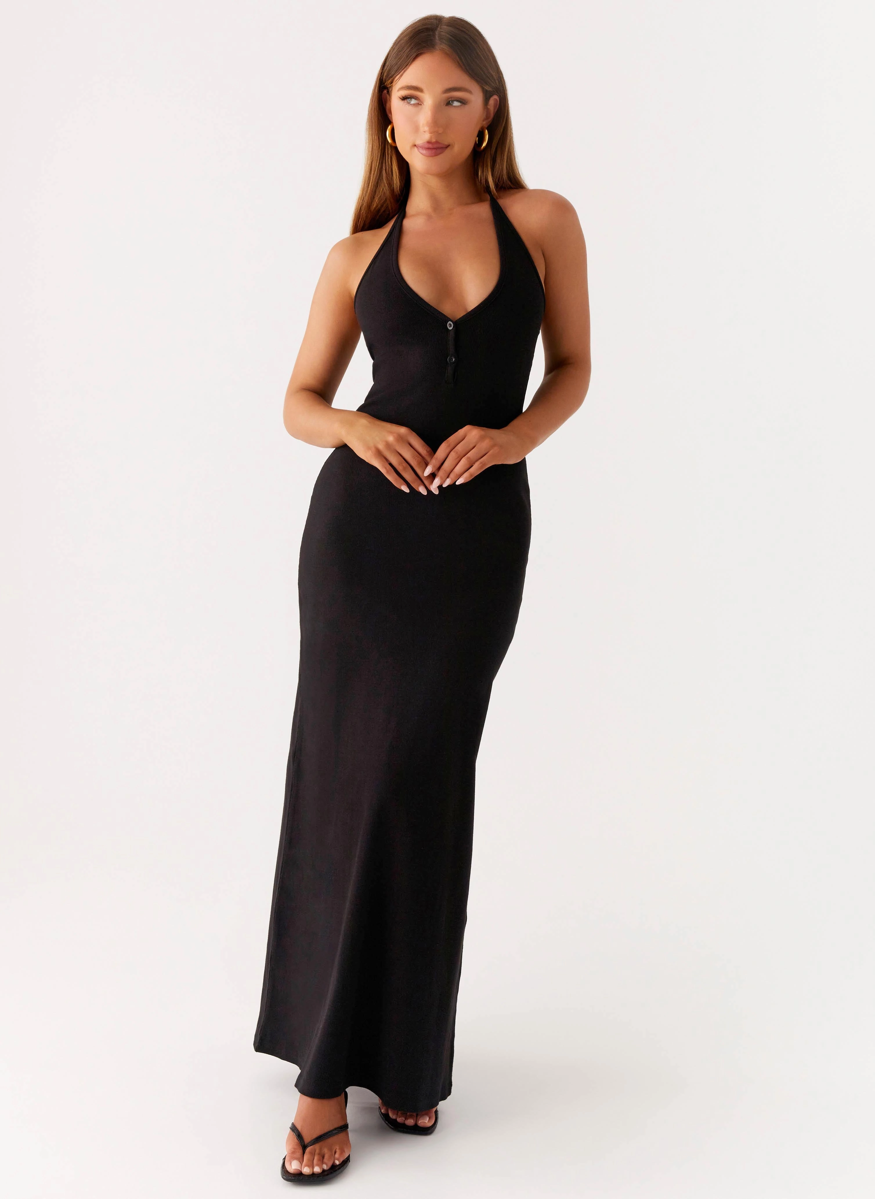 Lounge Base Cozy Look Yaselle Button Front Maxi Dress - Black