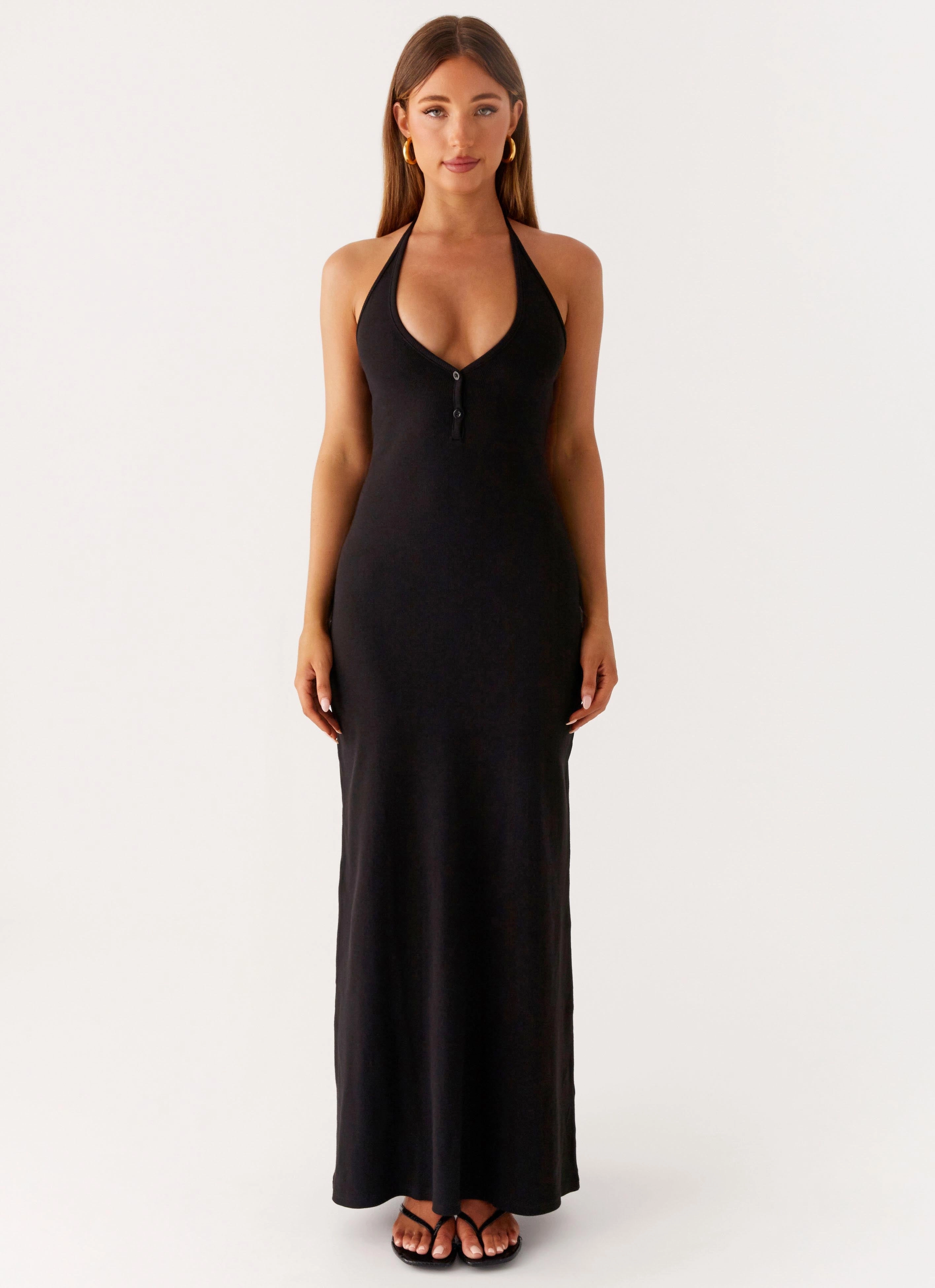 Ankle-length Off-Shoulder Yaselle Button Front Maxi Dress - Black