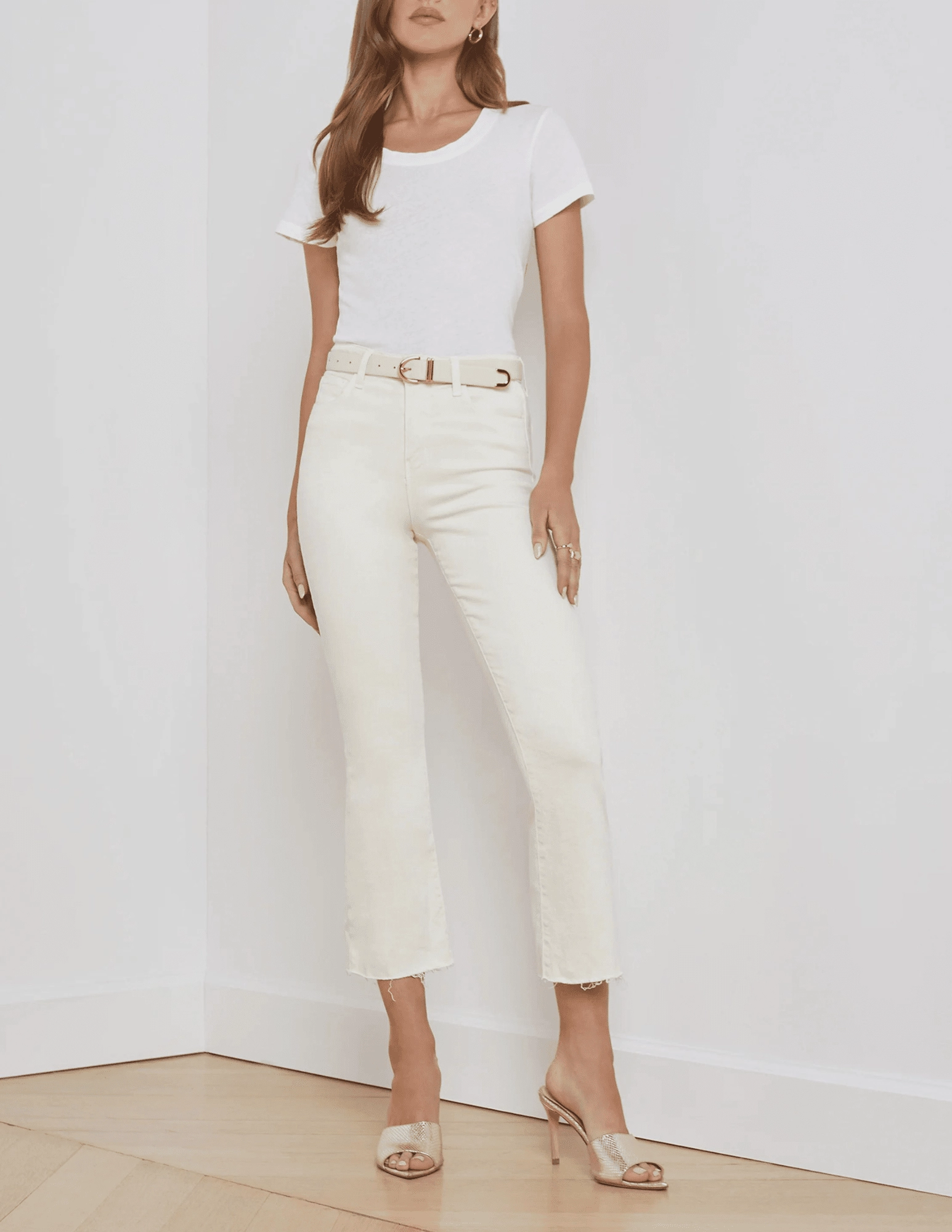 L'AGENCE Kendra High Rise Crop Flare Jeans In Vintage White Flex Look