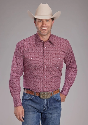 Roper Mens 2386 Medallion Paisley Red Cotton Blend L/S Shirt Fitted Silhouette