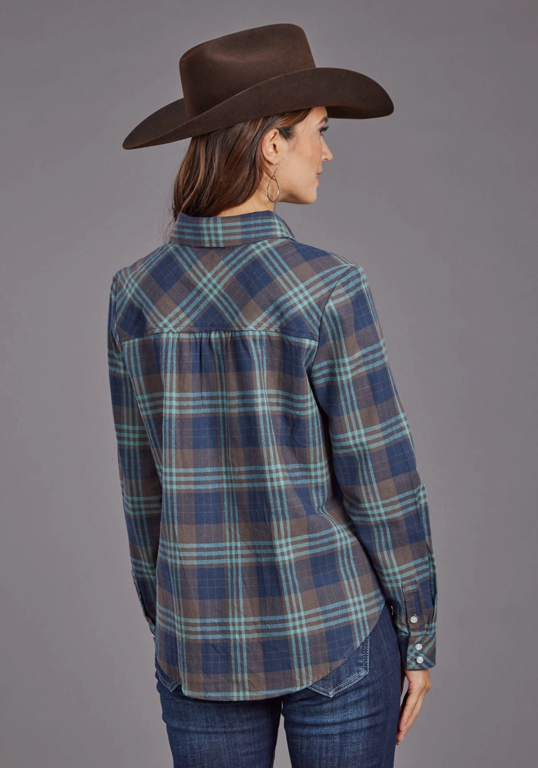 Poolside Lounge Stetson Womens Flannel Plaid Navy 100% Cotton L/S Shirt