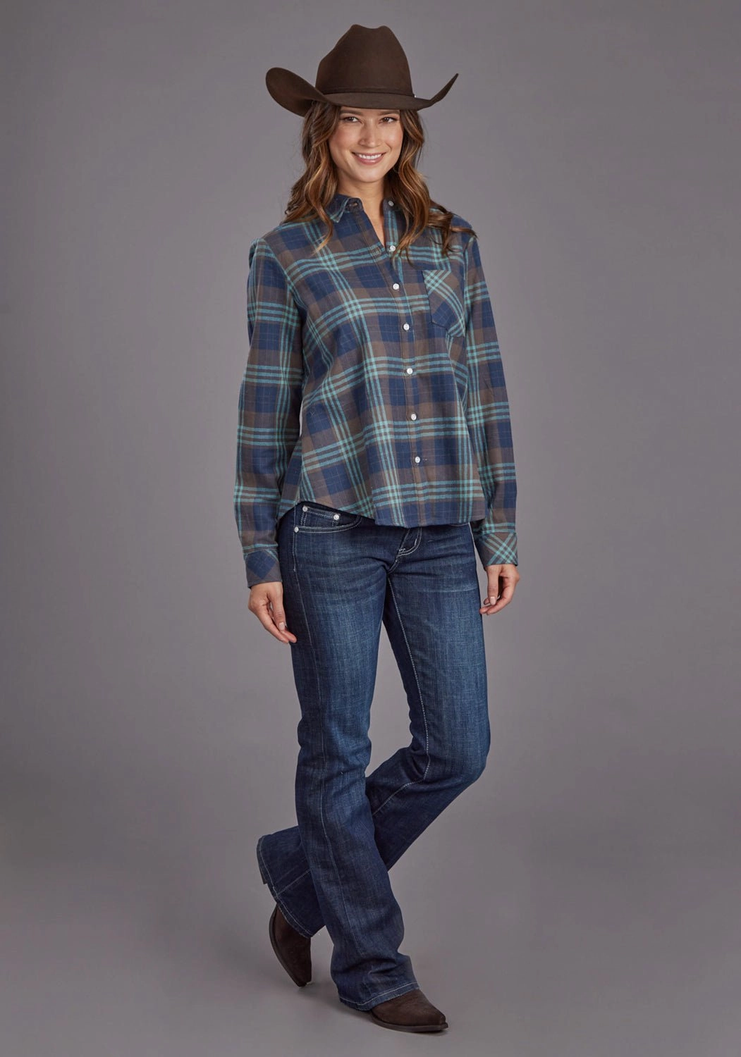 Trendy Fashion Patterned Texture Stetson Womens Flannel Plaid Navy 100% Cotton L/S Shirt