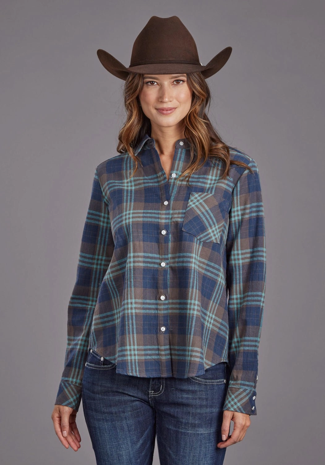Weekend Casual Breathable Underarm Vents Stetson Womens Flannel Plaid Navy 100% Cotton L/S Shirt