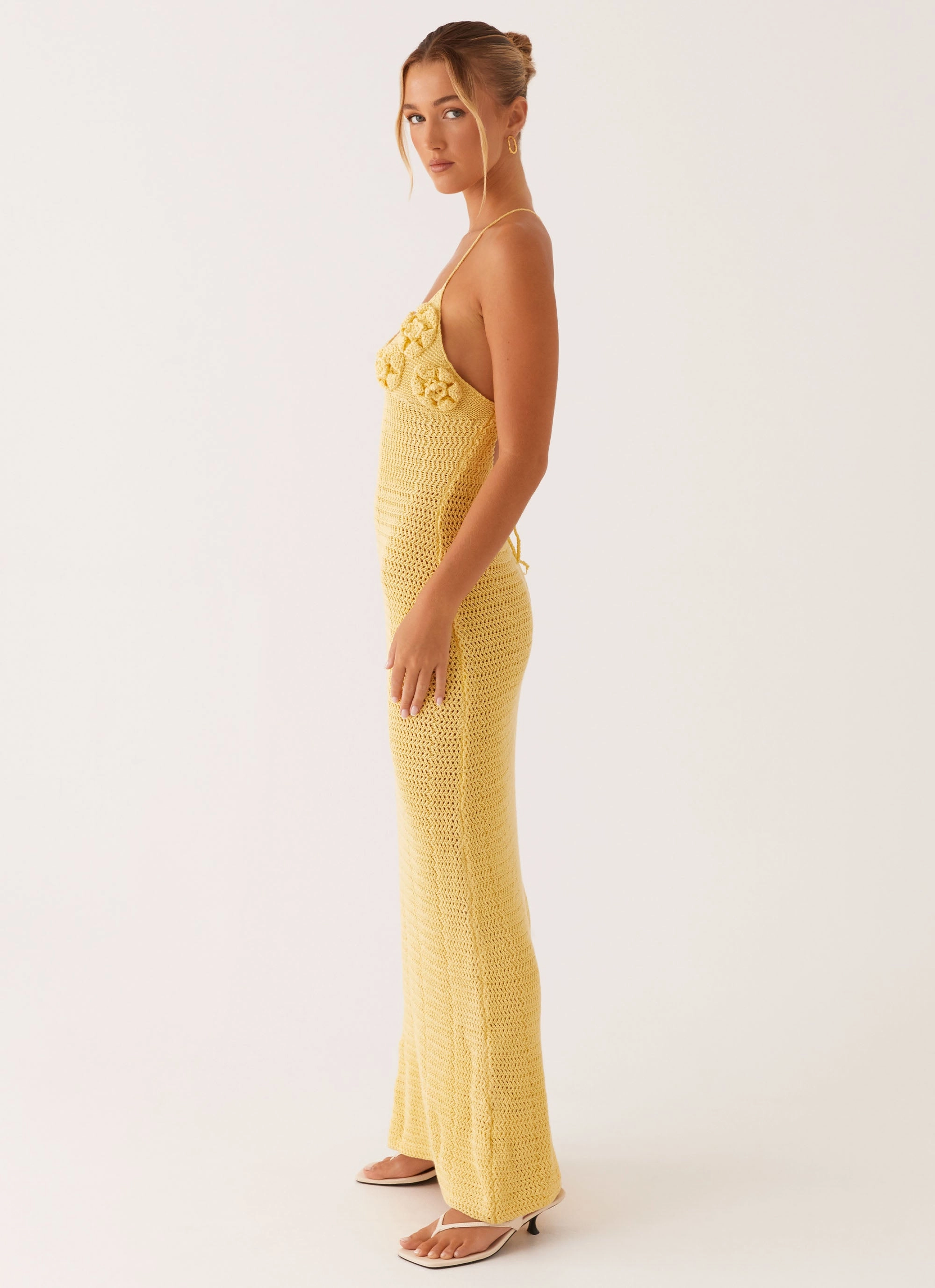 Sophisticated Vibe Scalloped-Edge Zara Rose Crochet Maxi Dress - Yellow