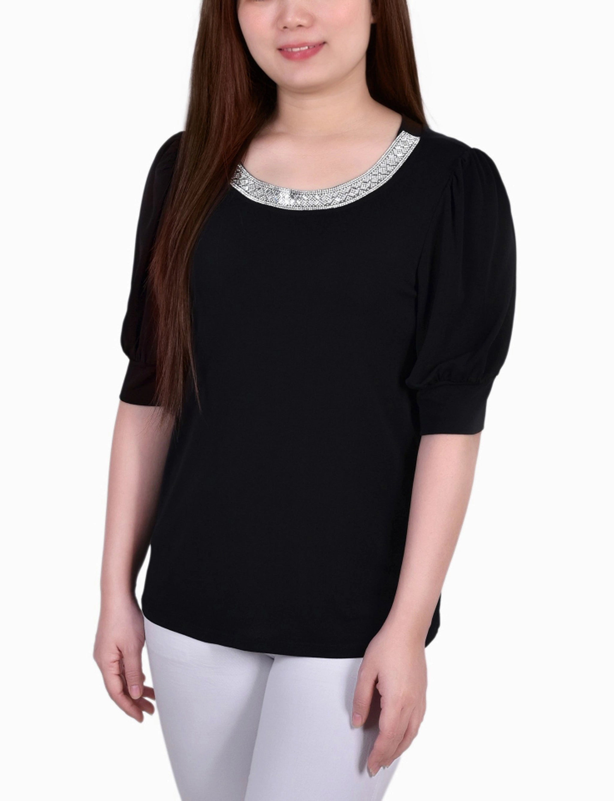 Short Beaded Puff Sleeve Top Breathable Yarn Recycled Polyester Thread