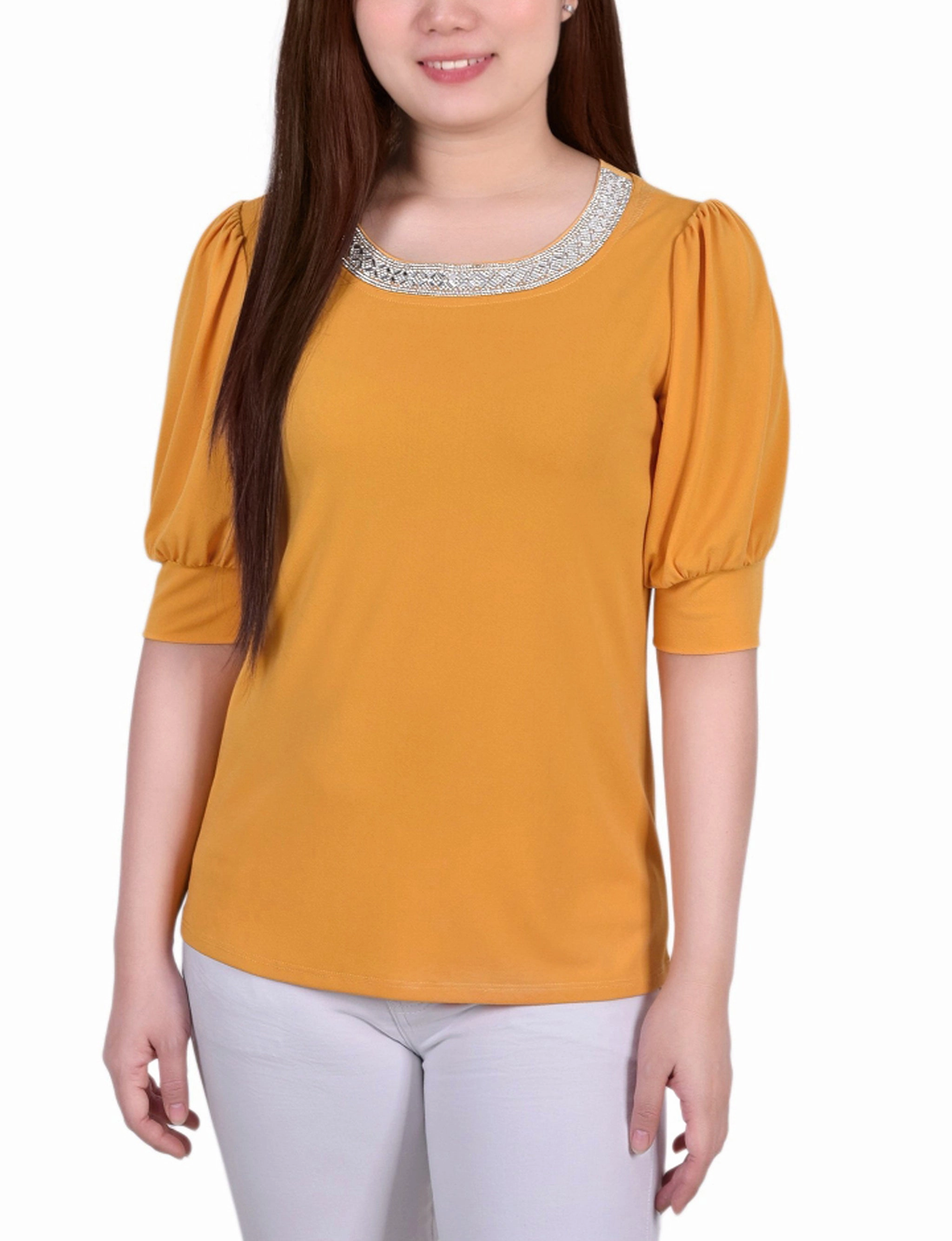 Non Chafing Seams Short Beaded Puff Sleeve Top