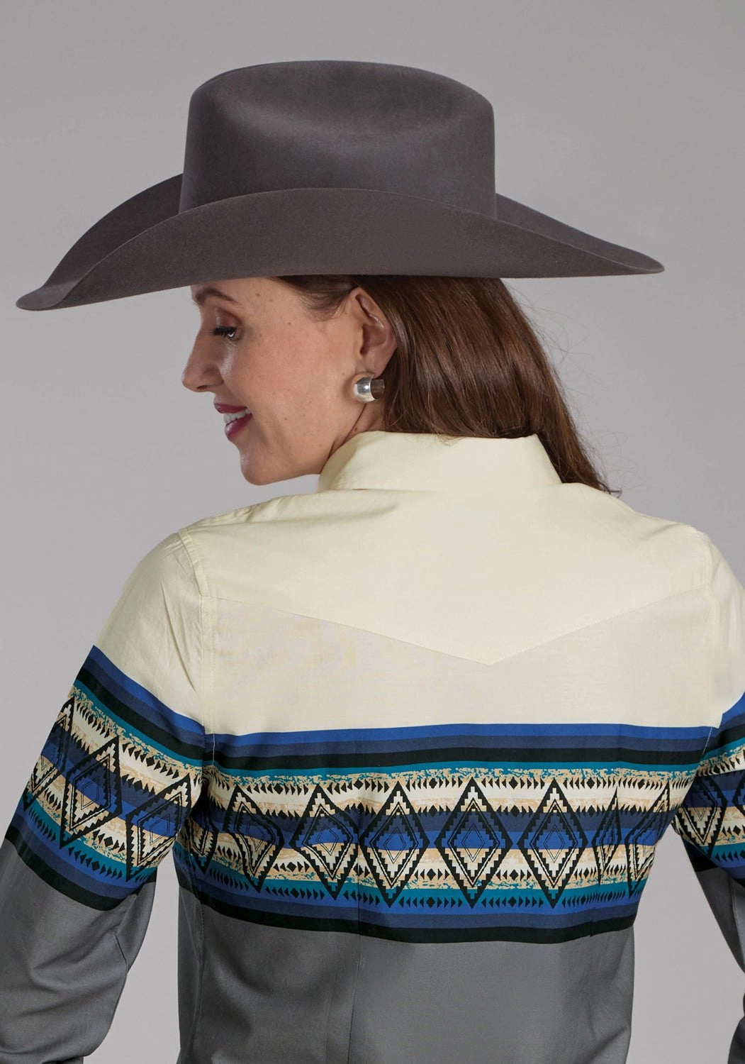 Compact Fold Design Tear Resistant Reinforcement Roper Womens Retro Diamond Border Blue 100% Cotton L/S Shirt