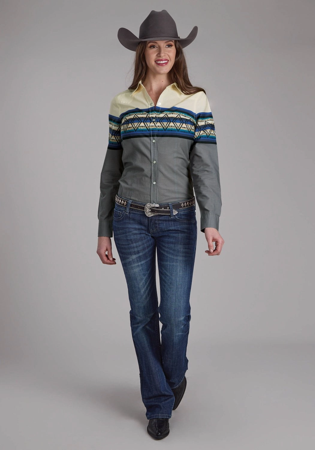 Low Maintenance Roper Womens Retro Diamond Border Blue 100% Cotton L/S Shirt