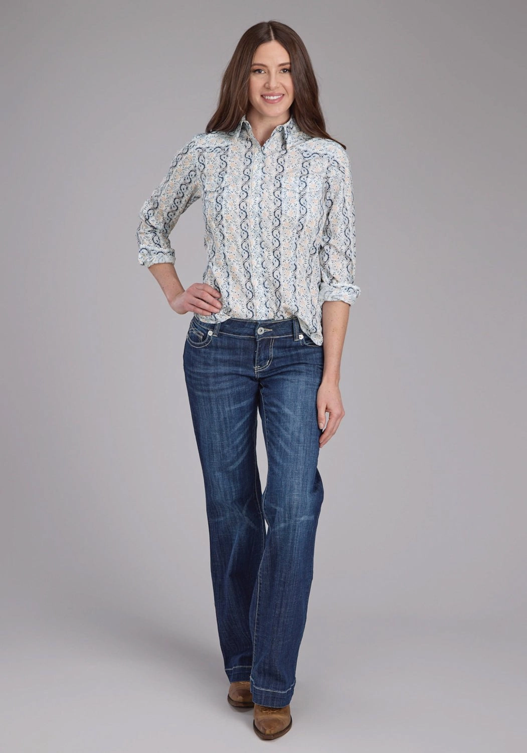 Roper Womens 2429 Paisley Trellis Blue Cotton Blend L/S Shirt Errand Ready All-day Comfort