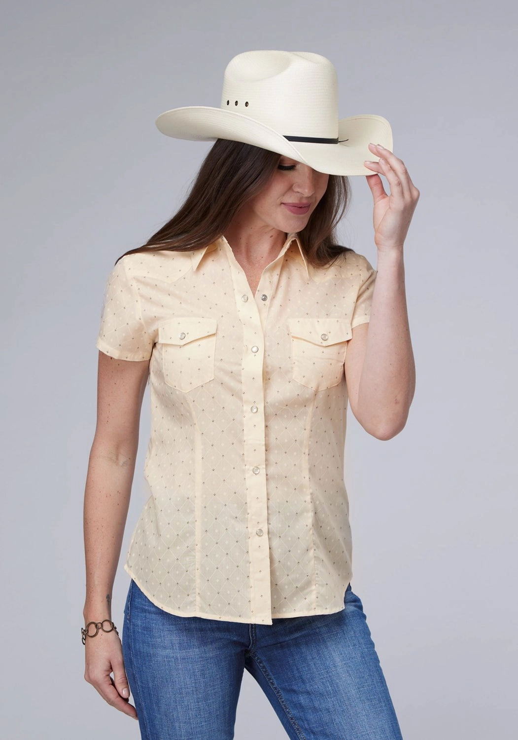 Spring Break Roper Womens Diamond Wallpaper Cream Cotton Blend S/S Shirt